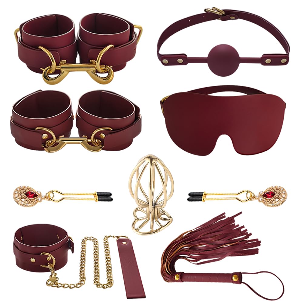 LEQC BDSM Restraints Sex Toys 8pc Bondage Restraints Set Fetish Bed Restraints Kits for Beginners,Leather Bondage Sexual BDSM Kit(Red)