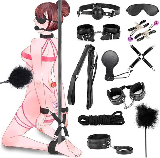 11 PCS SM Bondage Set, Extreme Sex, BDSM Bondage Sex Set for Couples, Handcuffs, Nipple Clamps, Gag and Eye Mask, Erotic SM Sex Toys for Beginners and SM Enthusiasts (Black)