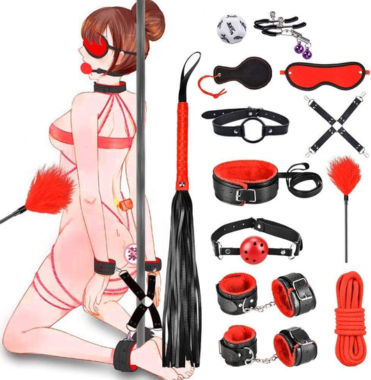 13 PCS SM Bondage Set, Sex Toys, Extreme Sex, BDSM Bondage Sex Set, Couples Erotic Toys, SM Sex Toys with Handcuffs, Ankle Mask, for Beginners and SM Enthusiasts (Black and red)