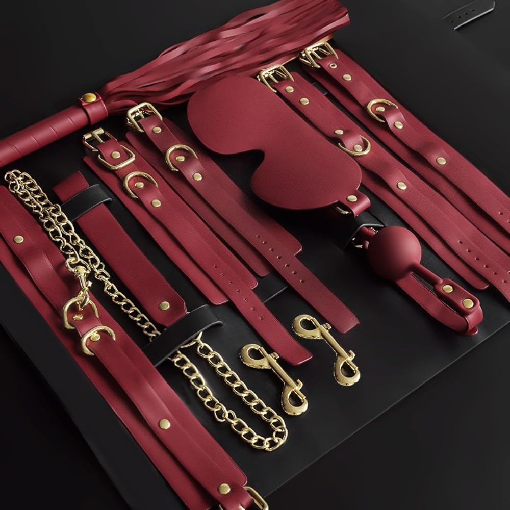 LEQC BDSM Restraints Sex Toys 8pc Bondage Restraints Set Fetish Bed Restraints Kits for Beginners,Leather Bondage Sexual BDSM Kit(Red)