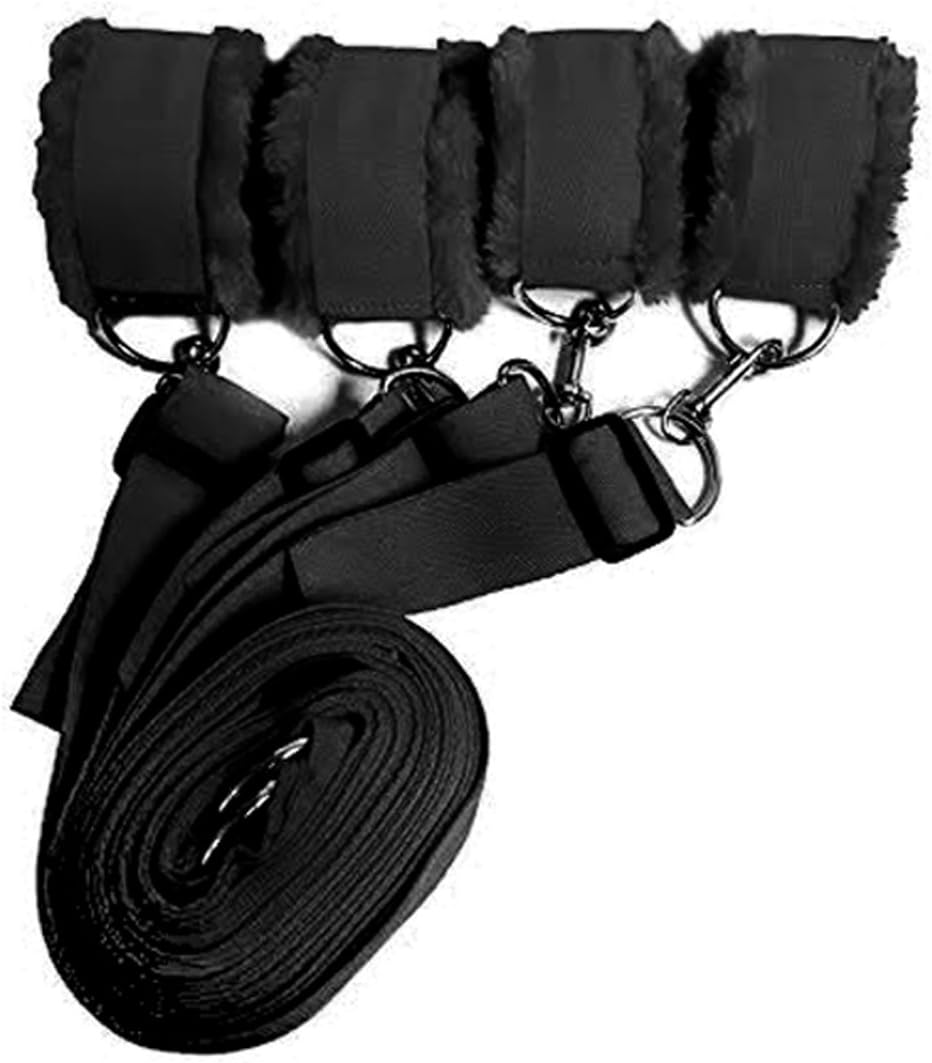 Under Bed Restraints for Sex Wrist Ankle Cuffs with adjustable straps (Furry) - Black by HappyNHealthy