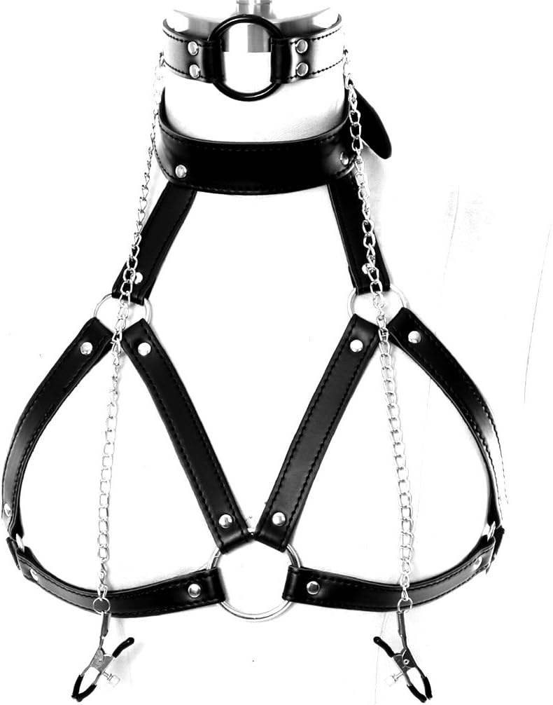 BBOHSS Ladies PU Leather Body Harness Bra Punk Gothic Bra Metal Chain Tassel Cage Rock Party Halloween Carnival (Black A)