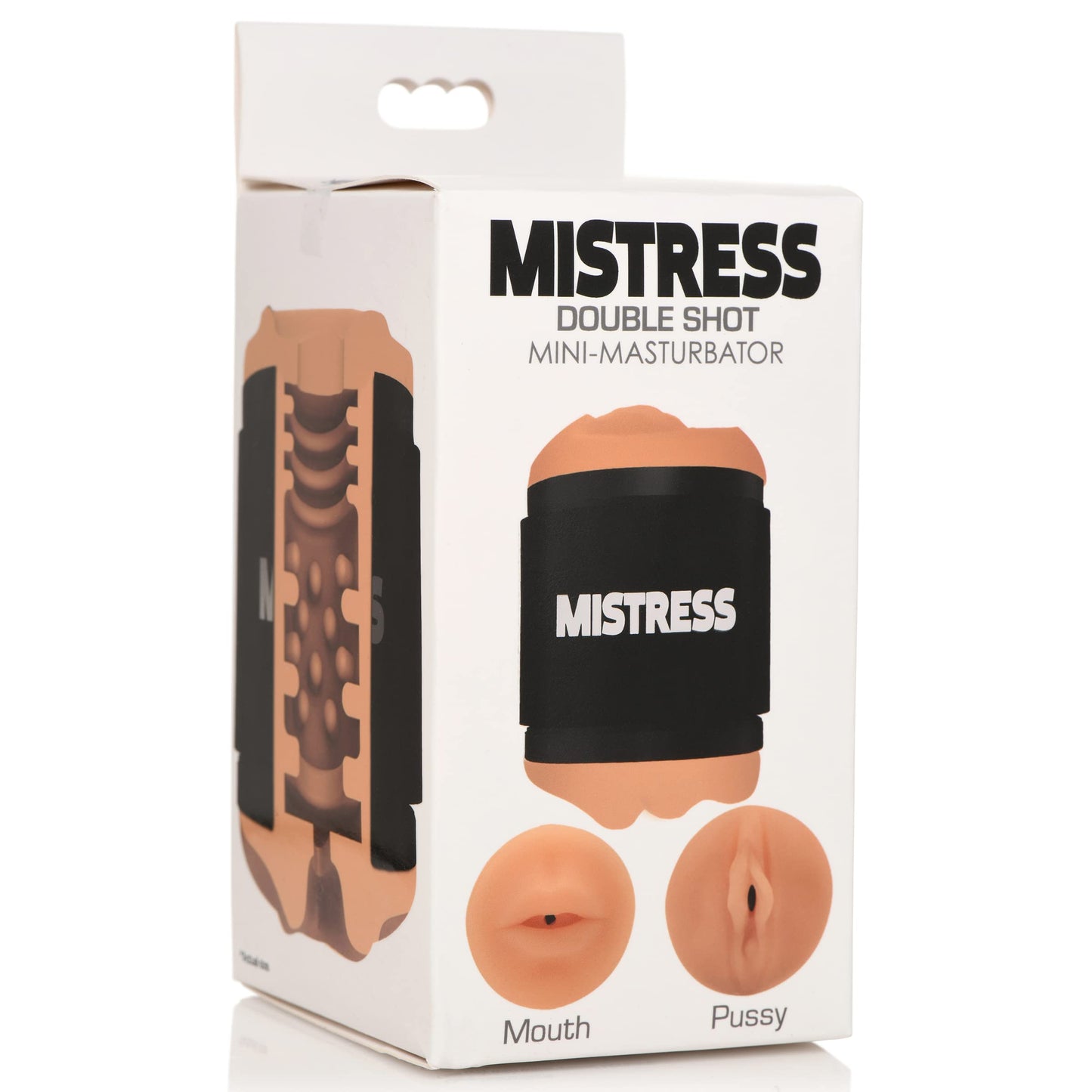 Mistress Double Shot Mouth & Pussy Stroker Masturbator Made with Realistic BioSkin for Men & Couples. Textured Inner Tunnel for Stimulation with Realistic Mouth & Vagina - Light