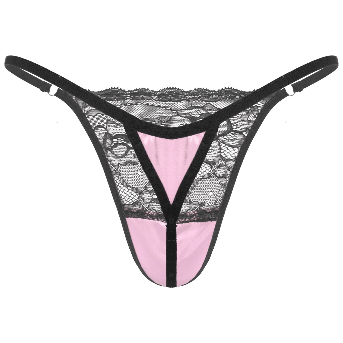 dPois Mens Sissy Underwear Transgender Outfits Silky Satin Lace Patchwork Bra and Panty Set Pink Large