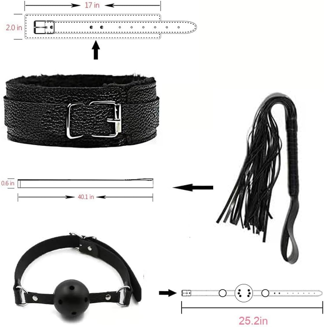 Bondage Restraints BDSM Kit - 7Pcs Leather Restraints Bdsm Toys, Adjustable Handcuffs & Ankle & Neck Cuff, Whip, Gags, Blindfold, Sex Rope, Adult Sex Toys & Games for Men & Women, Couples - Black