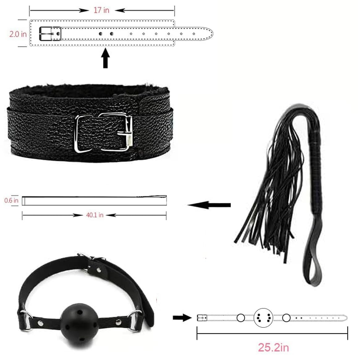 Bondage Restraints BDSM Kit - 7Pcs Leather Restraints Bdsm Toys, Adjustable Handcuffs & Ankle & Neck Cuff, Whip, Gags, Blindfold, Sex Rope, Adult Sex Toys & Games for Men & Women, Couples - Black