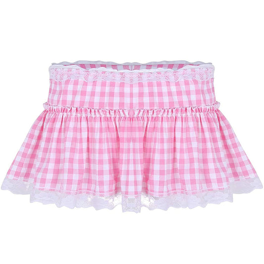 TACKTIMES Men Sissy Crossdressing Skirt Underwear Short Plaid Lace Hem Pleated Gingham A-line Mini Skirted (Pink, Small)