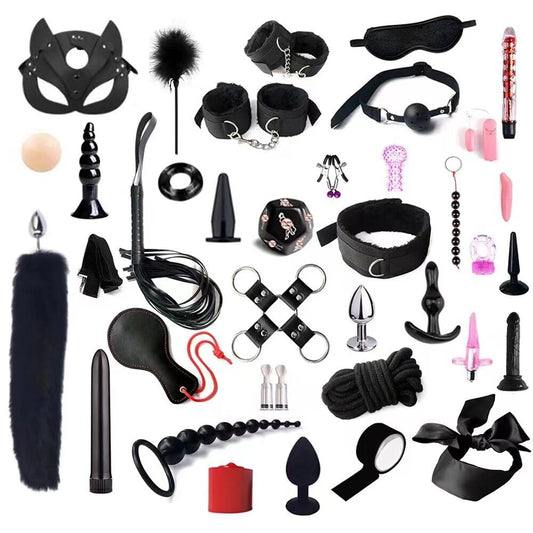 37pc Sex Toys bondaged Restraints Gear & Accessories Handcuffs Sex Ball Gag BDSM Couples Toys for Adults bondaged kit Adult Bed Restraints Blindfold Nipple Clamps Flogger Rope Black Cosplay