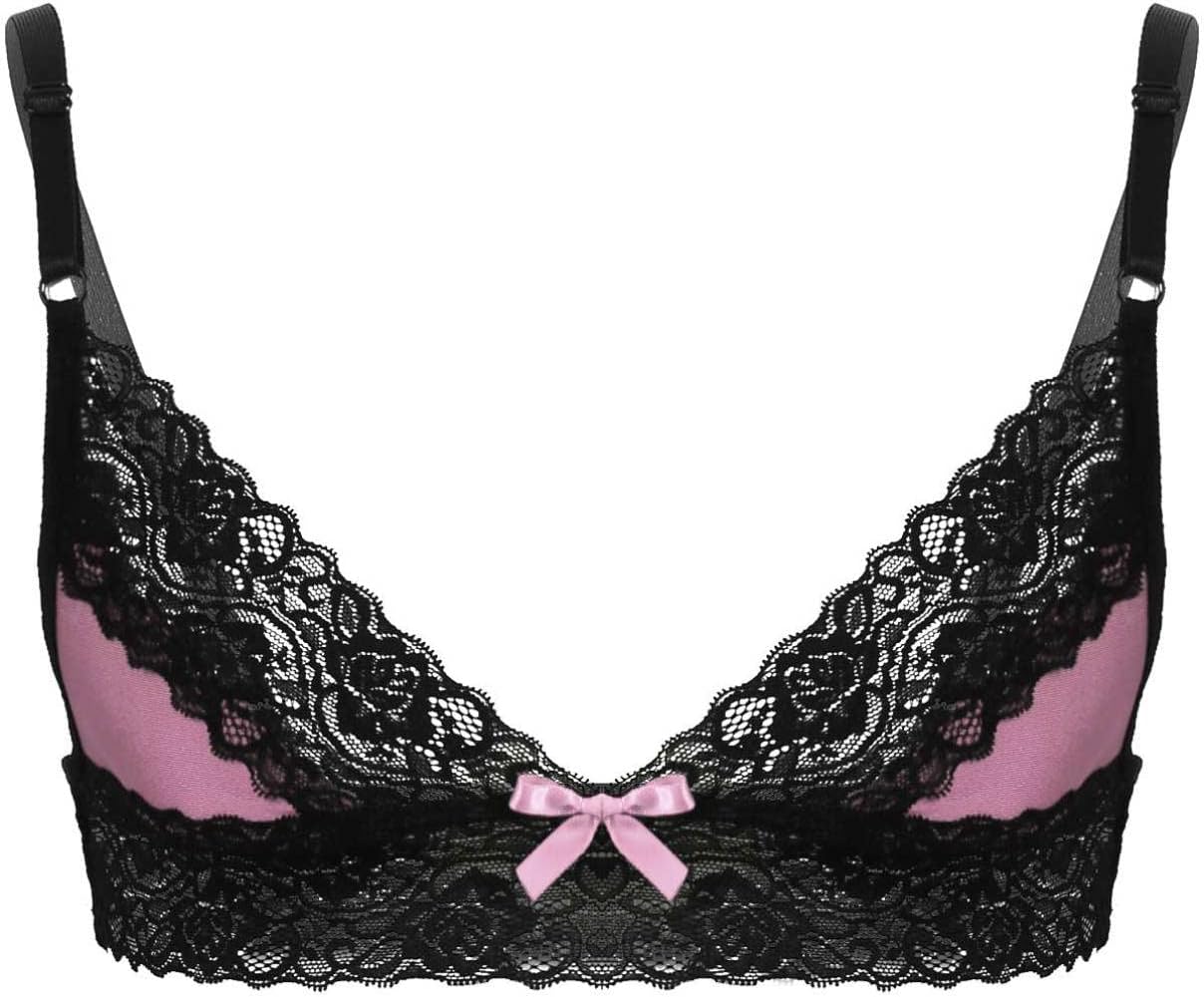 dPois Mens Sissy Underwear Transgender Outfits Silky Satin Lace Patchwork Bra and Panty Set Pink Large