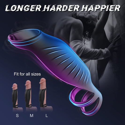 Maries Vibrating Triple Cock Ring, Stretchy Penis Ring Couple Vibrator with 9 Vibration Modes Sleeve Extender, Rechargeable Waterproof Adult Sex Toys for Men Couples, black