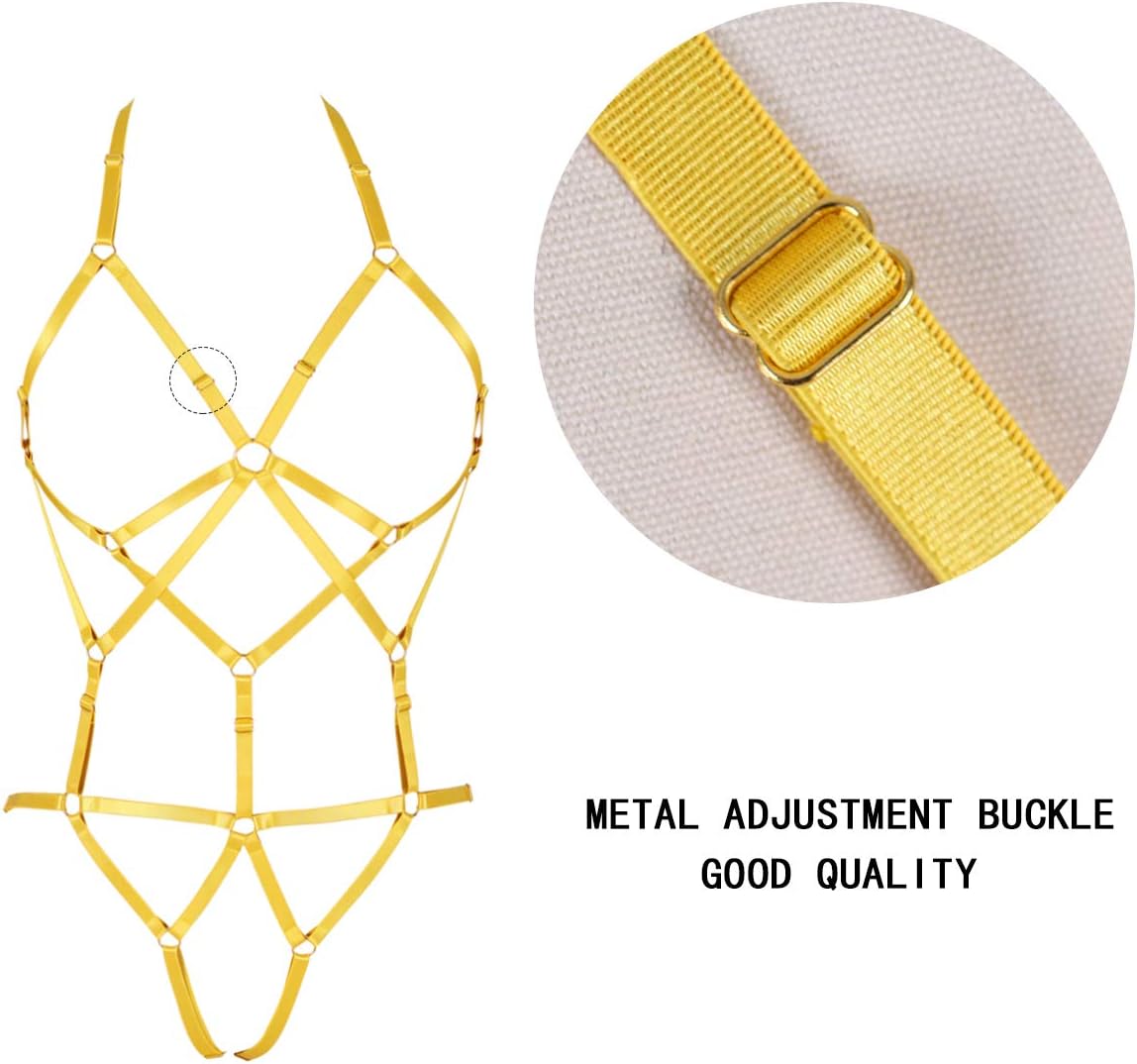 BBOHSS Womens Body Harness Lingerie Set Elastic Cage Bra Harness Garter Belt Gothic (Orange Yellow)