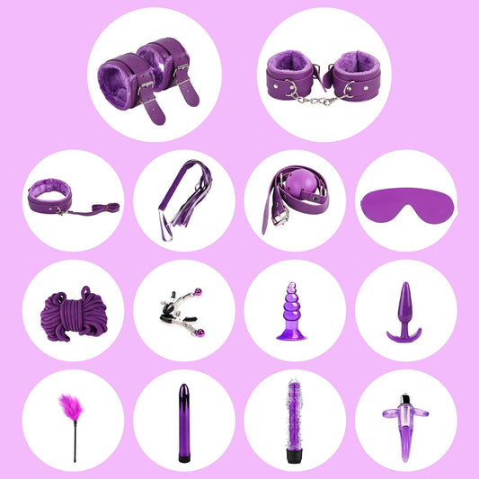 15 PCS SM Sex Bondage Set, BDSM Bondage Sex Set Sex Toys Anal Plugs Butt Plugs Set for Beginners, BDSM Sex Toys Erotic Handcuffs for Couples Sex Toys (Purple)