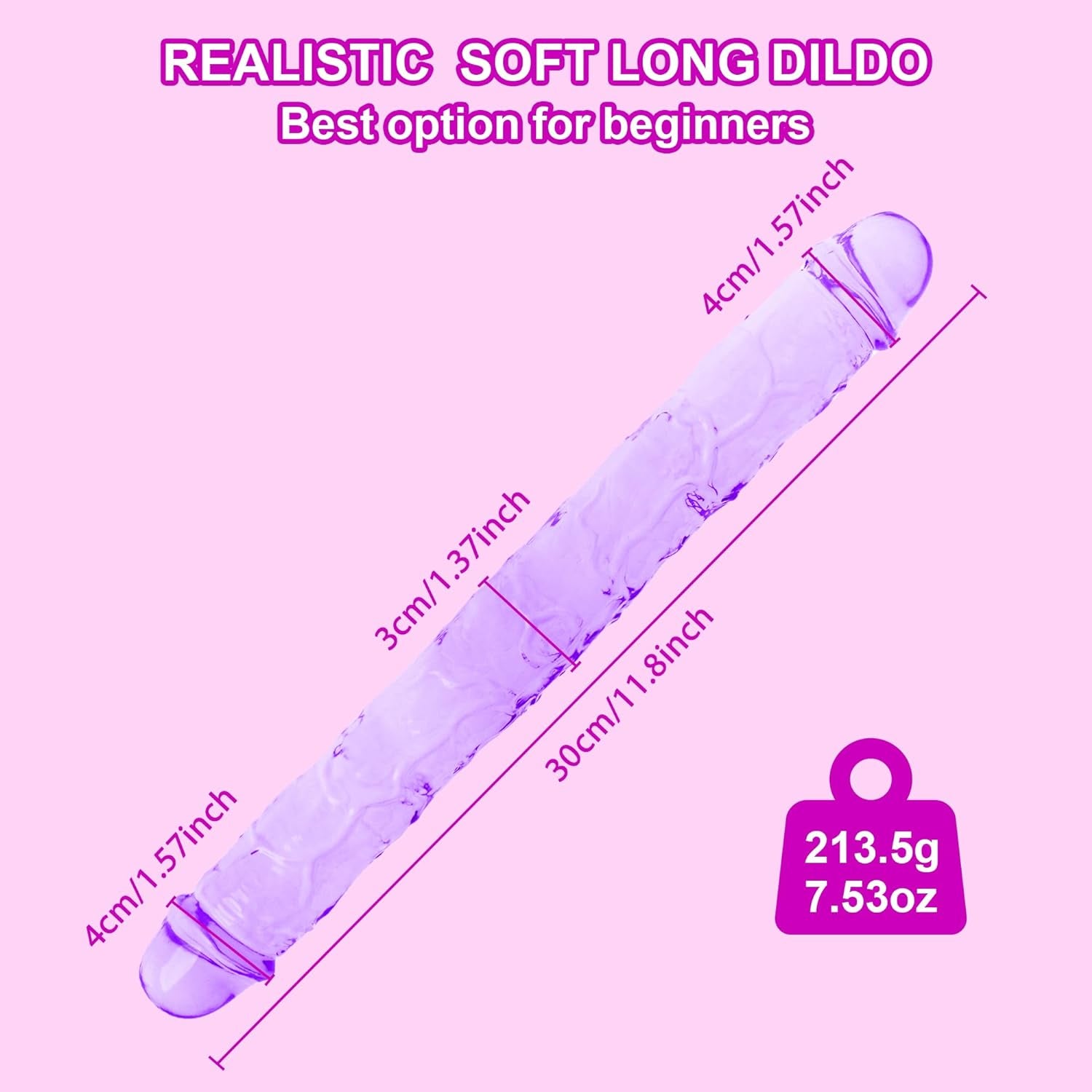 11.8 * 1.37 Inches Double Dildo Crystal Jelly Realistic Anal Long Dildo Penis Soft and Flexible with Veins and Glans Adult Sex Toys for Women/Men/Lesbian Purple