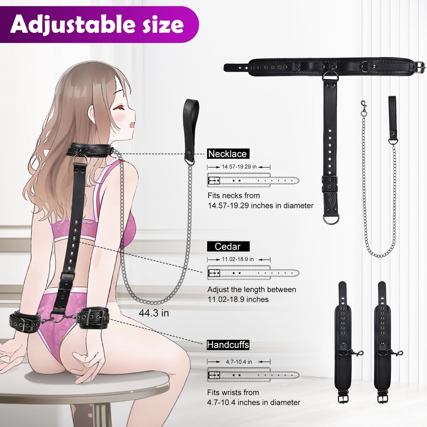 BDSM Bondage Sex Restraints Set Couples Sex Toys, Neck to Wrist Restraints Kit with Traction Chain Back Sex Handcuffs Collar Adjustable Bondage Gear & Accessories SM Sexy Slave Beginner Role Play Toy