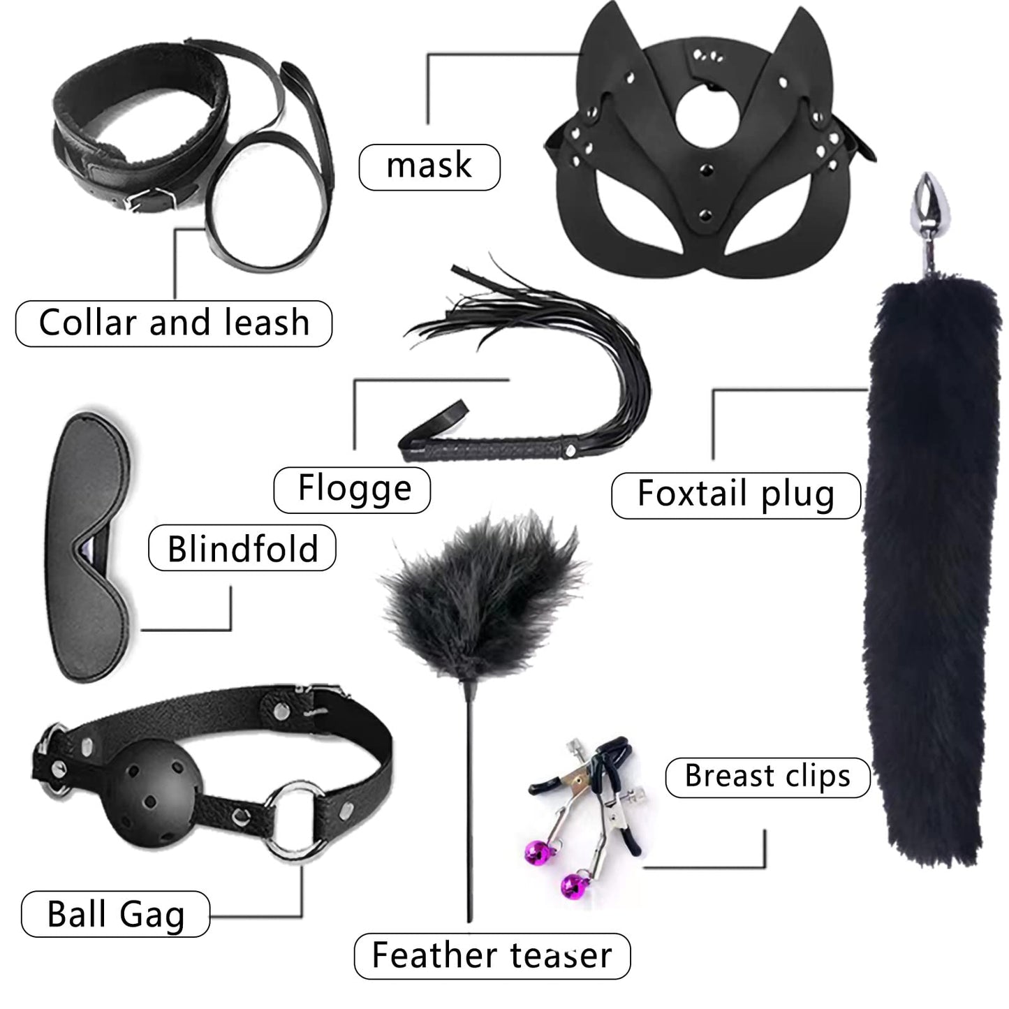 LEQC BDSM Restraints Sex Toys 15pc Bondage Restraints Set Fetish Bed Restraints Kits for Beginners Light SM Adult Games Safe BDSM Cuffs Nipple Clamps Flogger Ball Gag Blindfold Rope Black Cosplay