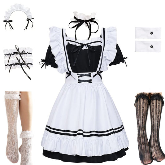 Maid Dress Japanese Anime Cosplay Sissy Clothes Halloween for Women Girls with Socks Headwear (L)