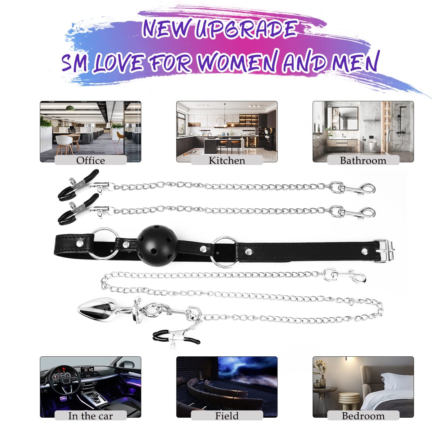 Sex Bondage BDSM Bondaged Restraints Set Sex Toy with Breathable Ball Gag Nipple Clamp Clitoris Clip & Analplug Included Adults SM Games Sex Toys for Couples