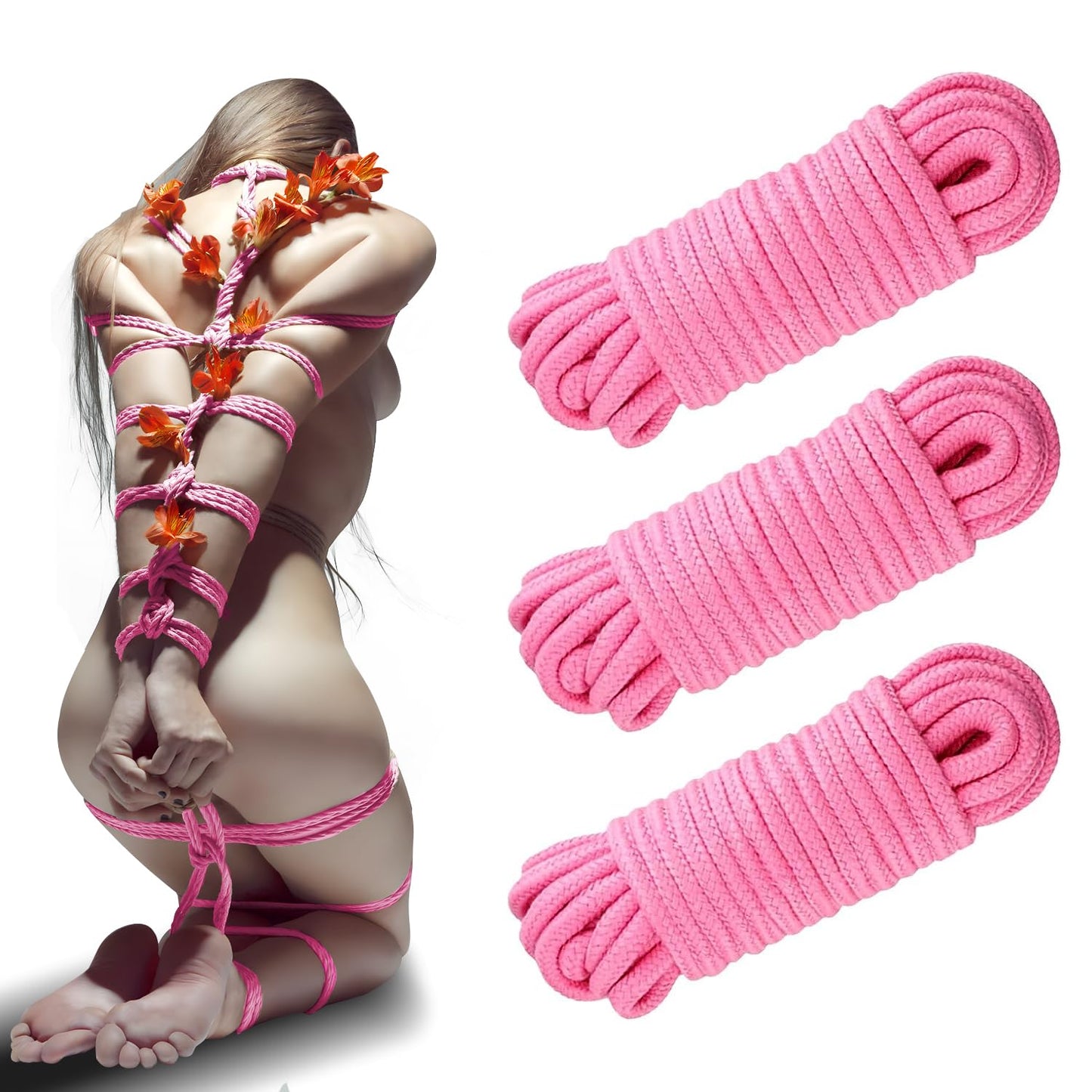 Sex Bondage Sexual Restraints Shibari Rope Kit, 3-Pack 49Ft/15M Soft Cotton Ropes Ideal for BDSM Beginner, 8 MM BDSM Bondage Restraint Set SM Adult Sex Toys for Women and Couples (Pink)