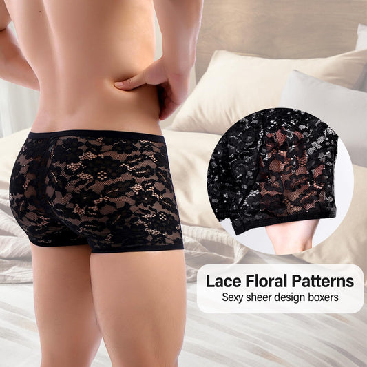 GENEMEN Mens Lace Boxers Briefs Sheer Underwear Sissy Panties Sexy Lingerie for Men (Black, XXL)