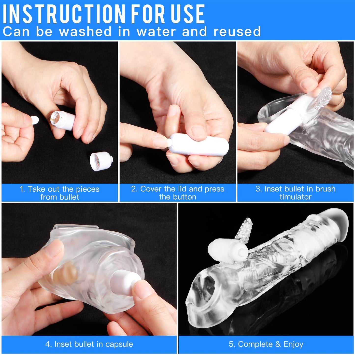 Vibrating Penis Sleeve Sex Toys - 3.5 inch Clear Penis Extender with Two Bullets, Realistic Penis Enlarger with Cock Ring, Reusable Penis Extension with Clitoral Stimulator, Male Sex Toy for Adult Men