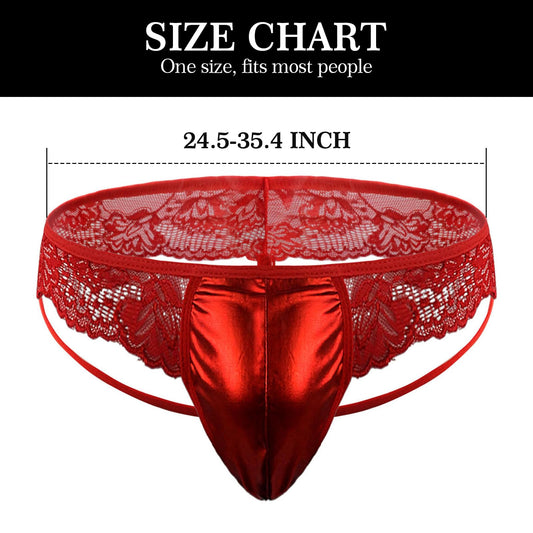 GENEMEN Mens Lace Frilly G-String Sexy Panties Bugle Pouch T-Back Thongs Sissy Lingerie (Red)