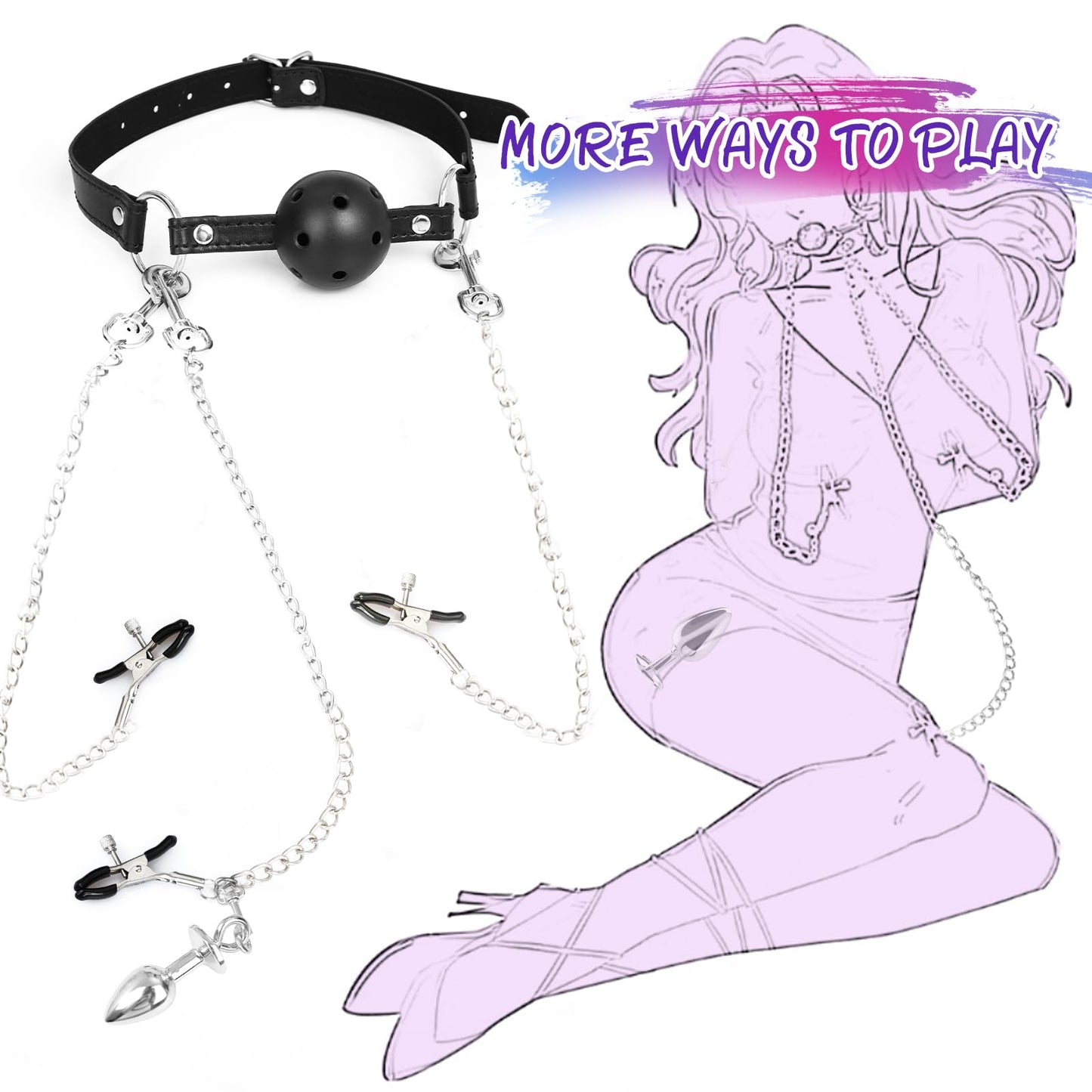 Sex Bondage BDSM Bondaged Restraints Set Sex Toy with Breathable Ball Gag Nipple Clamp Clitoris Clip & Analplug Included Adults SM Games Sex Toys for Couples