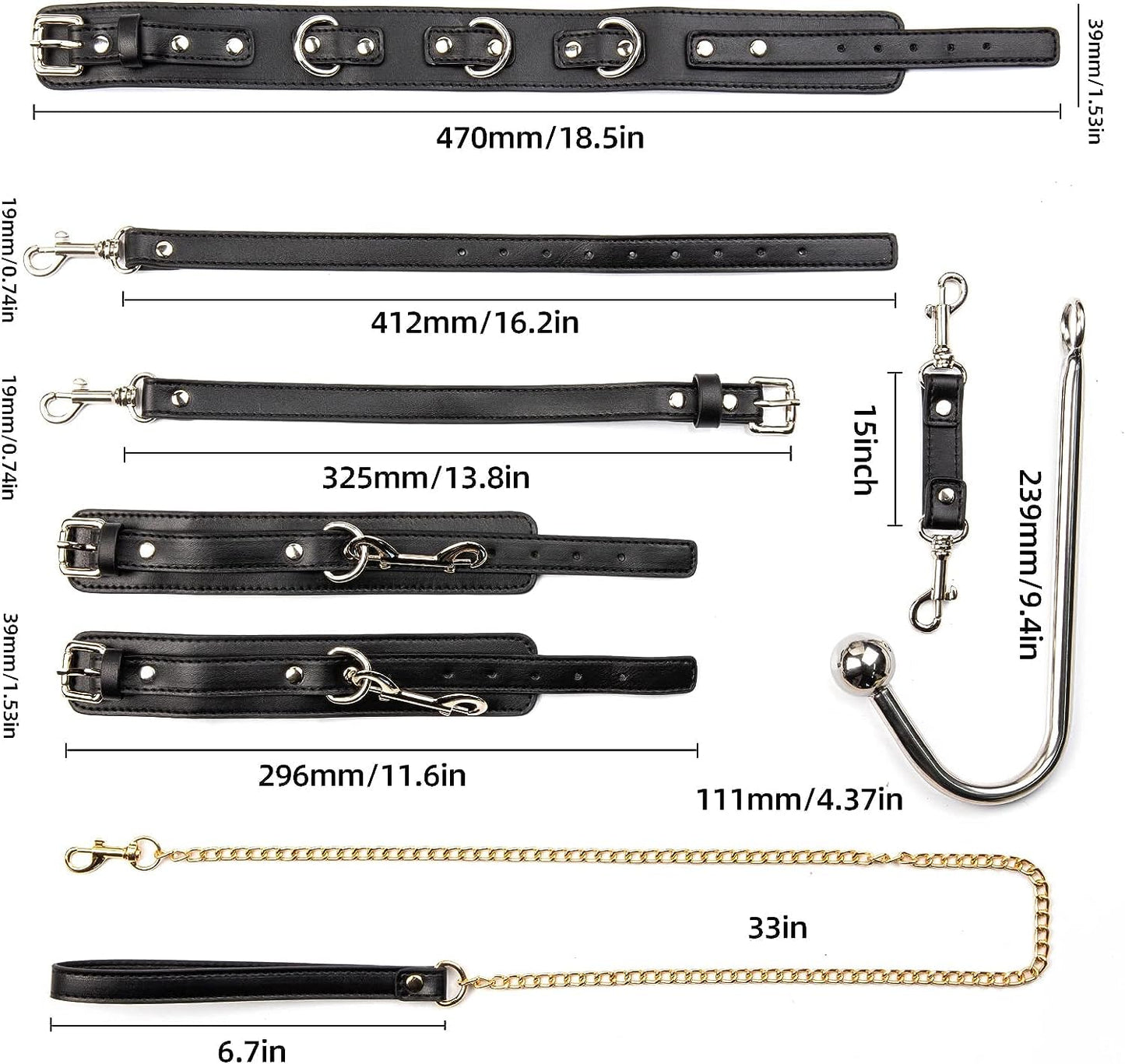 Anal Hook BDSM Sex Bondage - Bed Restraint Kit with Adjustable Handcuffs Collar Ankle Cuffs Leather Furniture Restraint Set with Anal Ball | Adult Sex Toys for Couple Foreplay