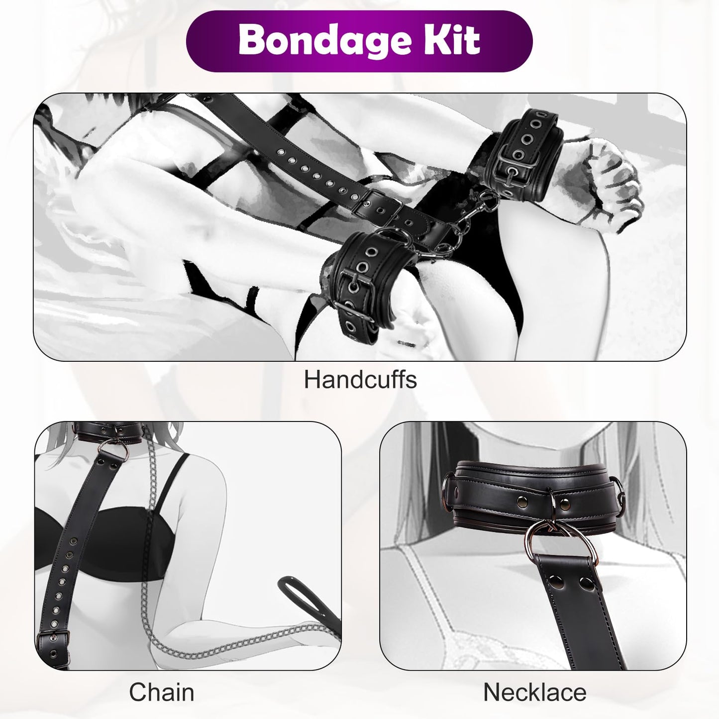 BDSM Bondage Sex Restraints Set Couples Sex Toys, Neck to Wrist Restraints Kit with Traction Chain Back Sex Handcuffs Collar Adjustable Bondage Gear & Accessories SM Sexy Slave Beginner Role Play Toy