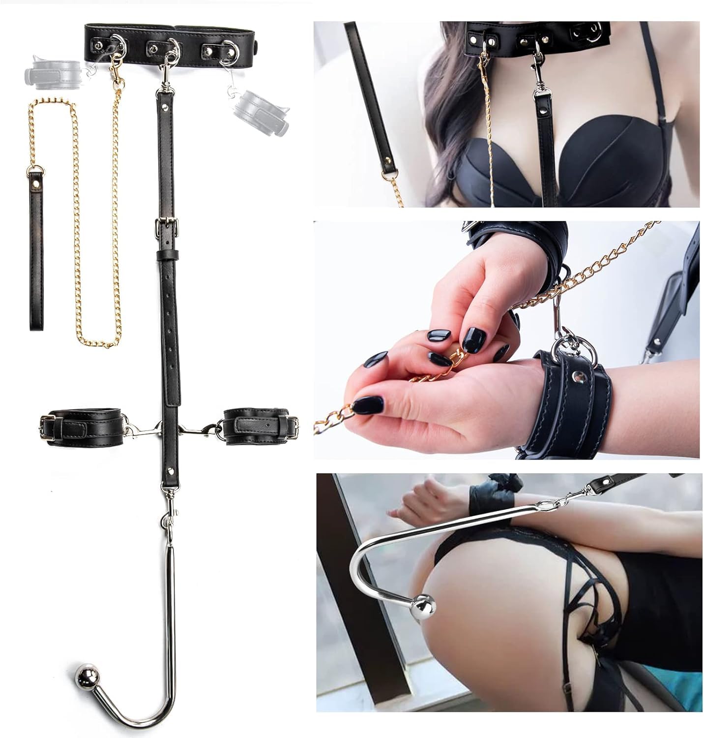 Anal Hook BDSM Sex Bondage - Bed Restraint Kit with Adjustable Handcuffs Collar Ankle Cuffs Leather Furniture Restraint Set with Anal Ball | Adult Sex Toys for Couple Foreplay