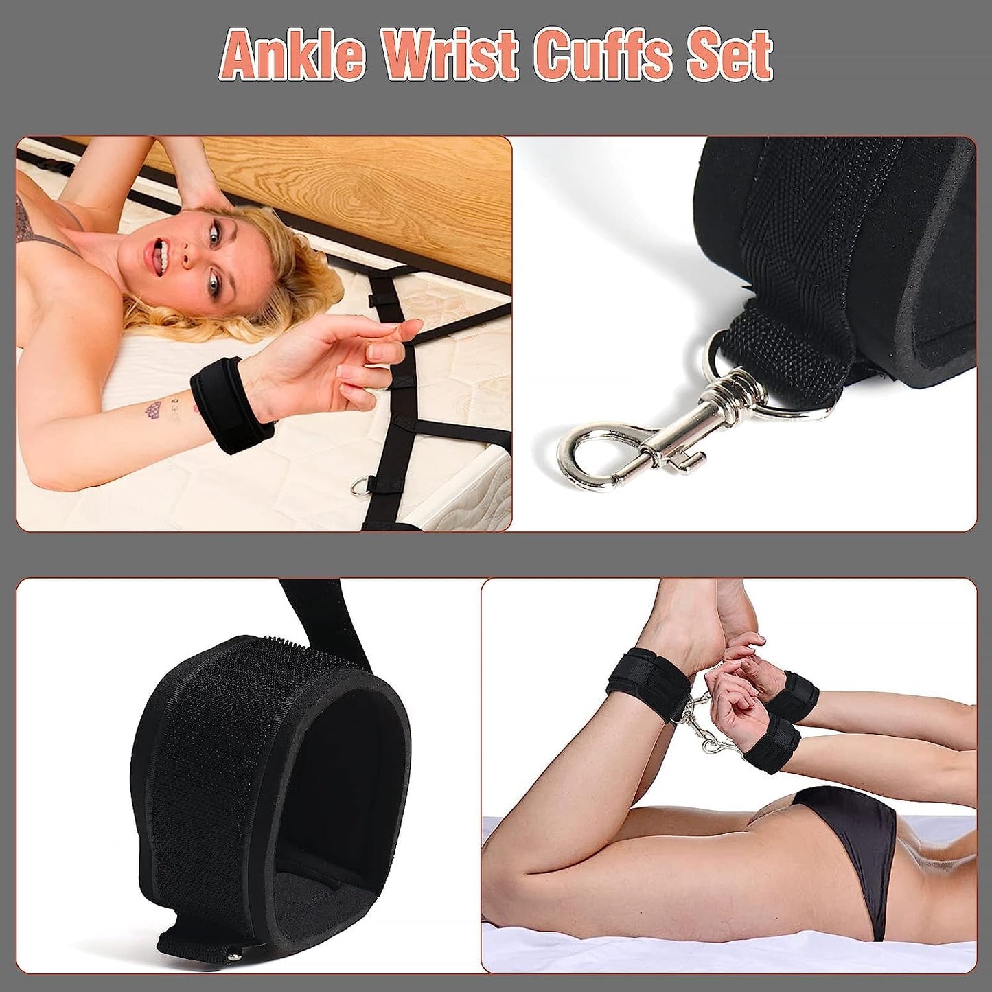 Sex Bondage BDSM Kit Bed Restraints Set, Super Easy Install Sex Rope Adjustable Straps, Sex Toys with Handcuffs Ankle Cuff for Adults Women Couples Game Pleasure