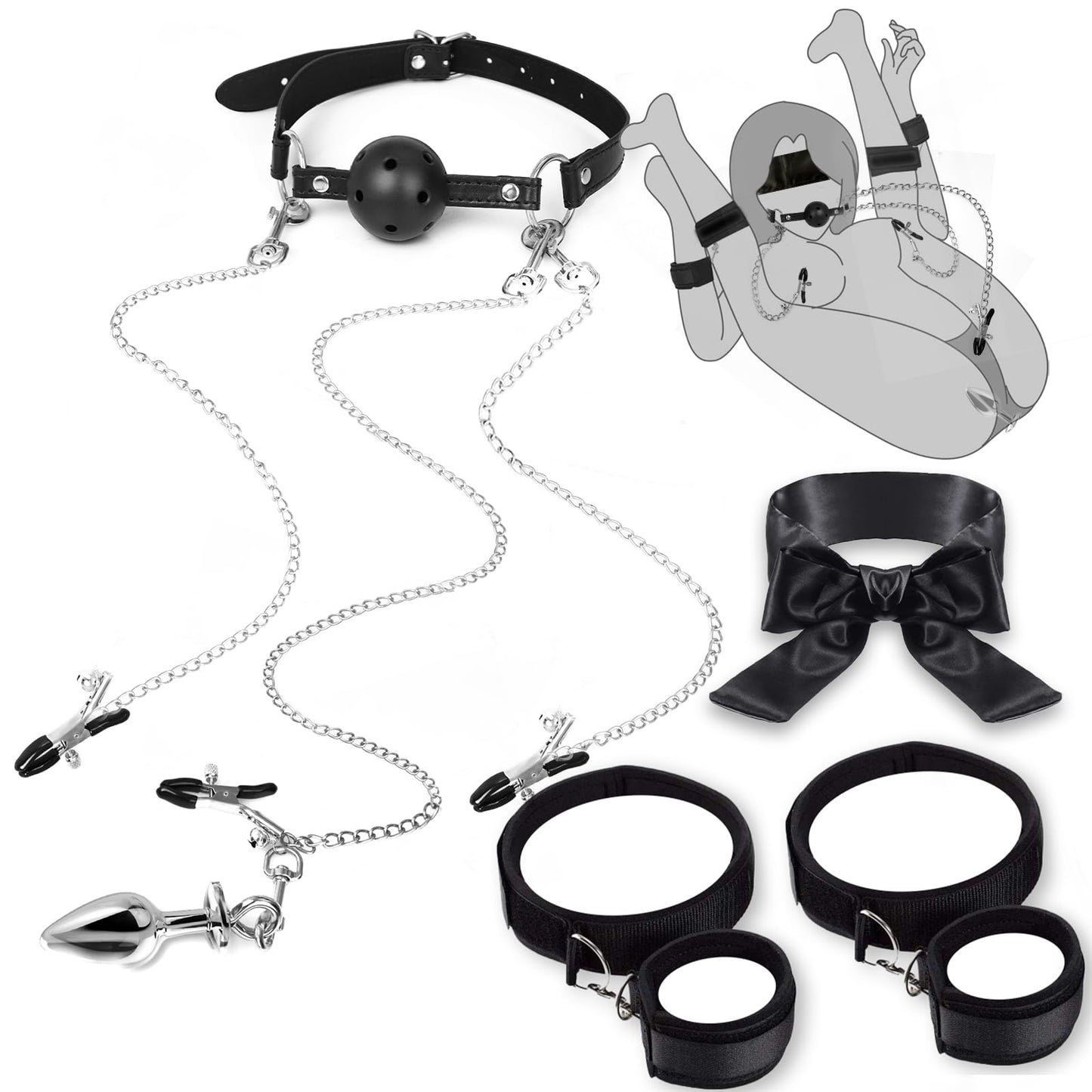 Sex Bondage BDSM Bondaged Restraints Set Adults Sex Toy with Breathable Ball Gag Nipple Clamp Clitoris Clip & Analplug, Wrist Thigh Cuffs Handcuffs Leg Straps & Eye Mask Blindfolds Included