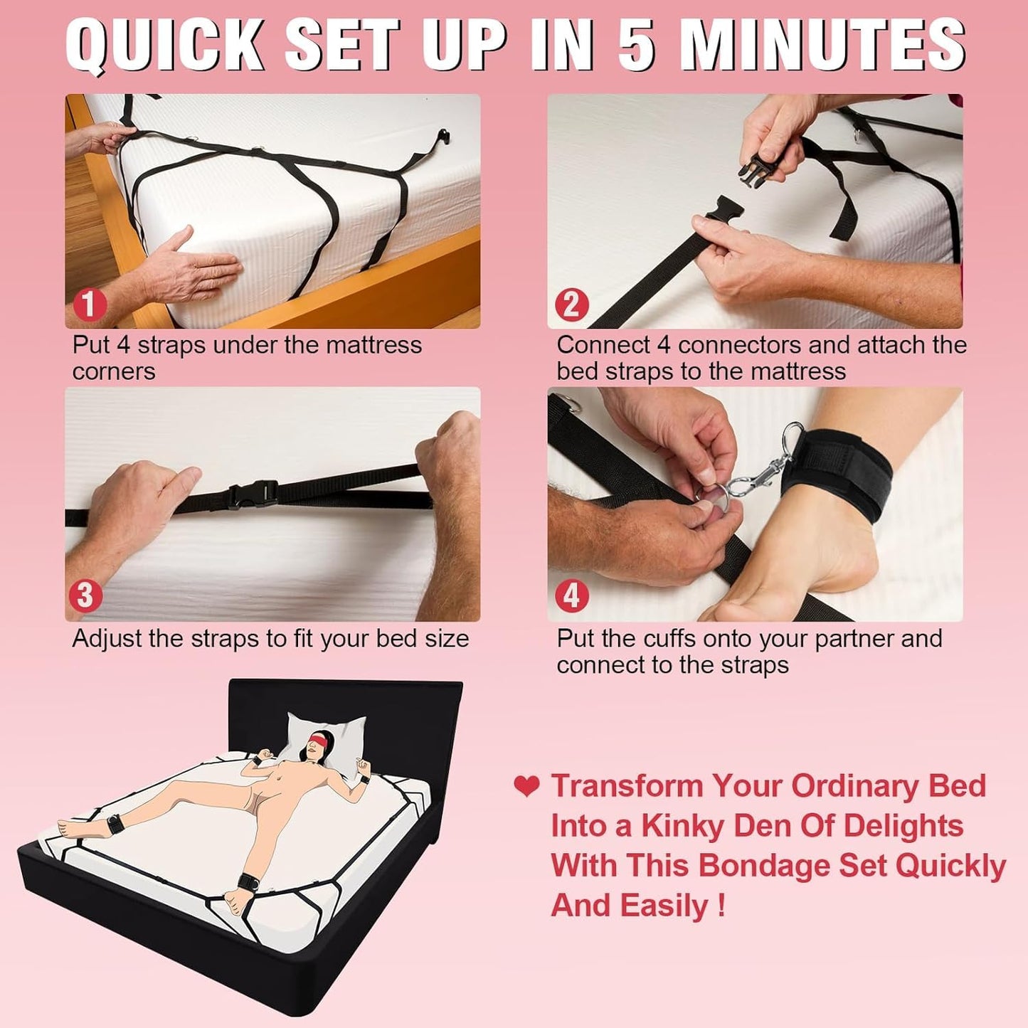 Sex Bondage BDSM Kit Bed Restraints Set, Super Easy Install Sex Rope Adjustable Straps, Sex Toys with Handcuffs Ankle Cuff for Adults Women Couples Game Pleasure