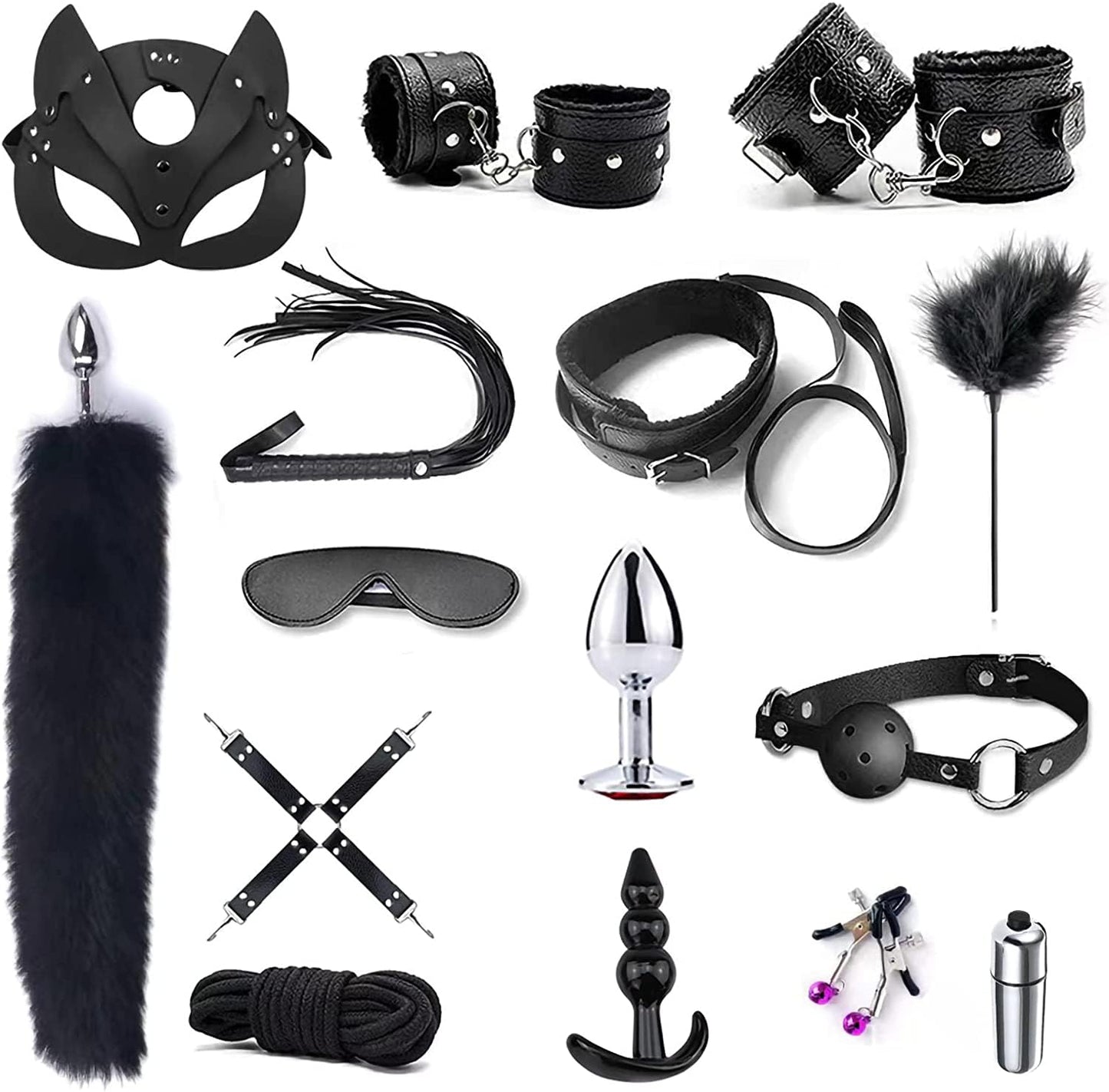 LEQC BDSM Restraints Sex Toys 15pc Bondage Restraints Set Fetish Bed Restraints Kits for Beginners Light SM Adult Games Safe BDSM Cuffs Nipple Clamps Flogger Ball Gag Blindfold Rope Black Cosplay