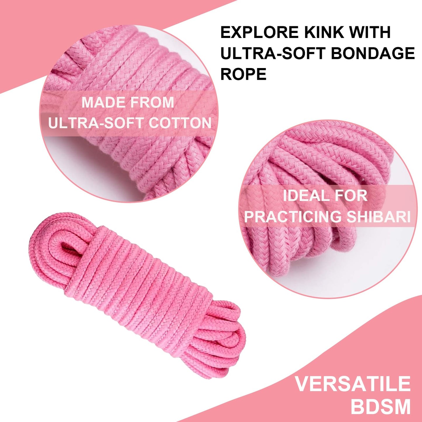 Sex Bondage Sexual Restraints Shibari Rope Kit, 3-Pack 49Ft/15M Soft Cotton Ropes Ideal for BDSM Beginner, 8 MM BDSM Bondage Restraint Set SM Adult Sex Toys for Women and Couples (Pink)