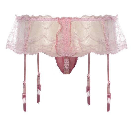 WINTOFW Lace Sissy Pouch Panties for Men Crossdressers Men's Lingerie Skirt G-String Underwear Briefs with Garters, Thongs#pink Lace, One Size