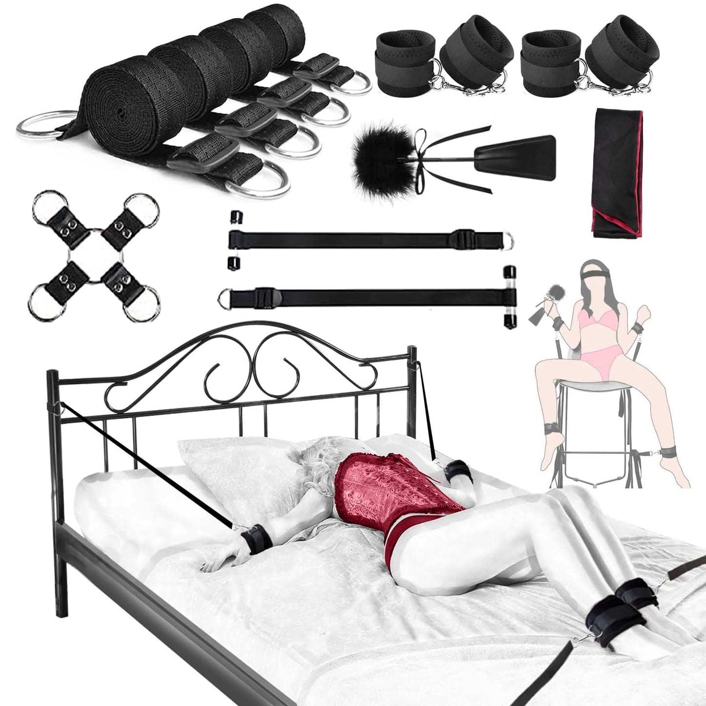 Sex Bondage Restraints BDSM Toys, ANYUE Versatile Bed Restraints Couple Sex Toys with Sex Straps Bondage Cuffs Blindfold & Feather BDSM Kit, Adult Sex Toys Bondage Gear & Accessories for Couples Game