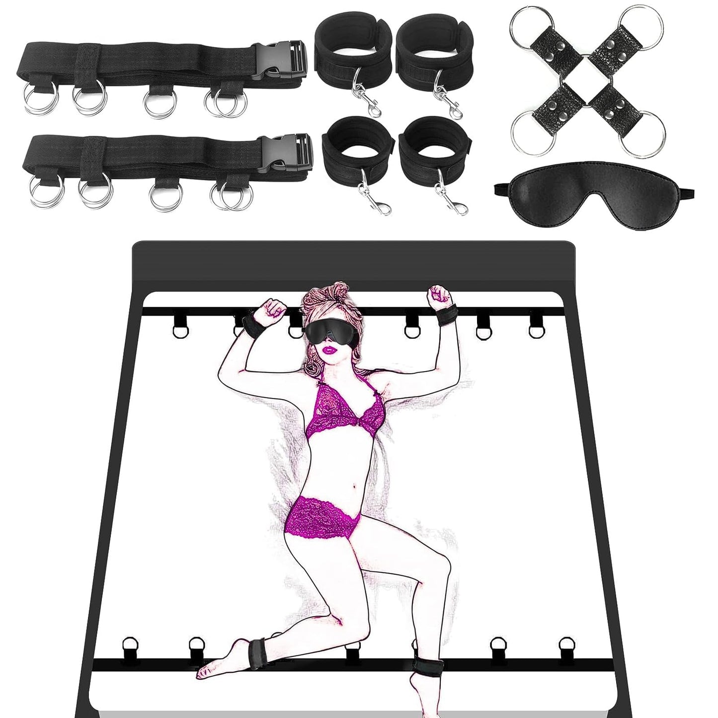 Bed Bondage Restraints Kit Sex Toys,BDSM Sex Handcuffs Bed Restraint Straps for Couples, Under Bed Sex Bondage Romance Straps for Couple,Adult Toys Set with Adjustable 2X2 Wrists Ankle Cuff