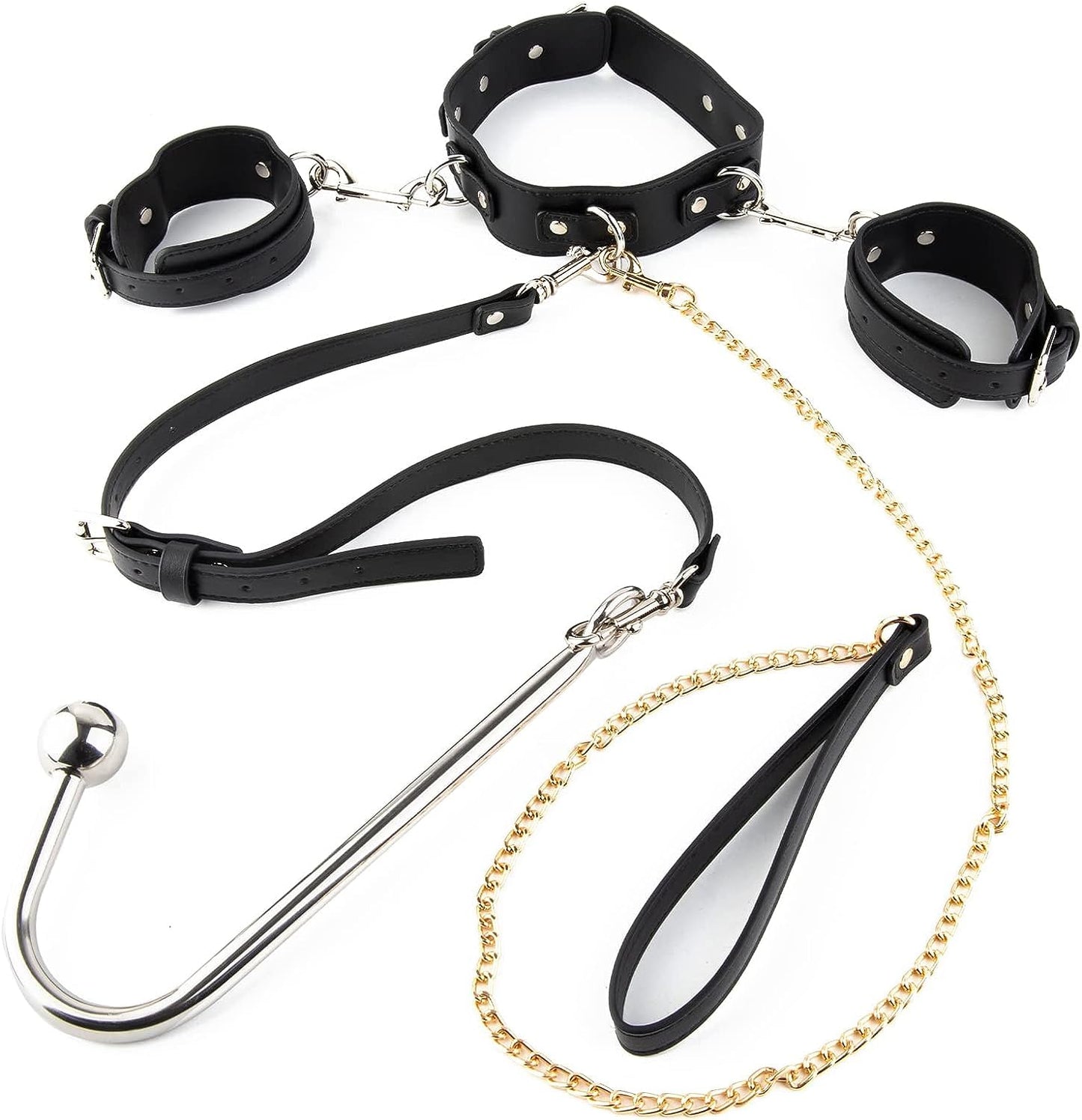 Anal Hook BDSM Sex Bondage - Bed Restraint Kit with Adjustable Handcuffs Collar Ankle Cuffs Leather Furniture Restraint Set with Anal Ball | Adult Sex Toys for Couple Foreplay