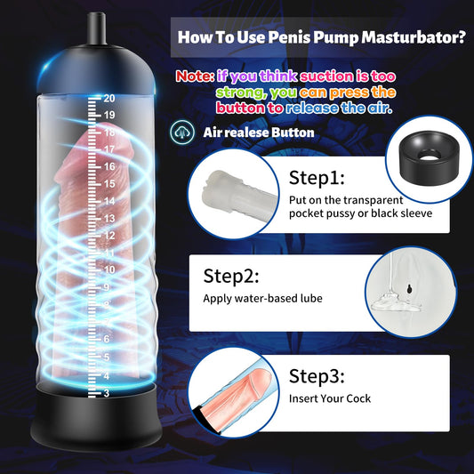 Penis Vacuum Pump Extender Male Masturbation Toy, Manual Cock Enlarger with Vagina Sleeve 3 Different Size Silicone Suction Cups, Adult Sex Toys for Men Stronger Bigger Erections for Adult Couple