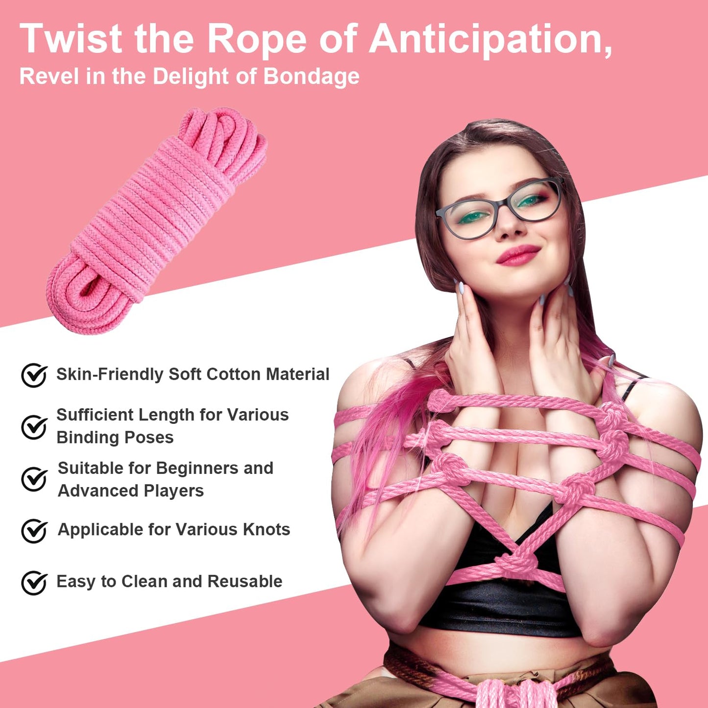 Sex Bondage Sexual Restraints Shibari Rope Kit, 3-Pack 49Ft/15M Soft Cotton Ropes Ideal for BDSM Beginner, 8 MM BDSM Bondage Restraint Set SM Adult Sex Toys for Women and Couples (Pink)