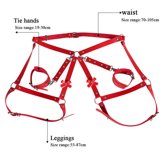 Women's Leather Body Wrist Lock Harness Punk Garter Belt Belt Leg Belt Adjustment Size Halloween Rave (Red)