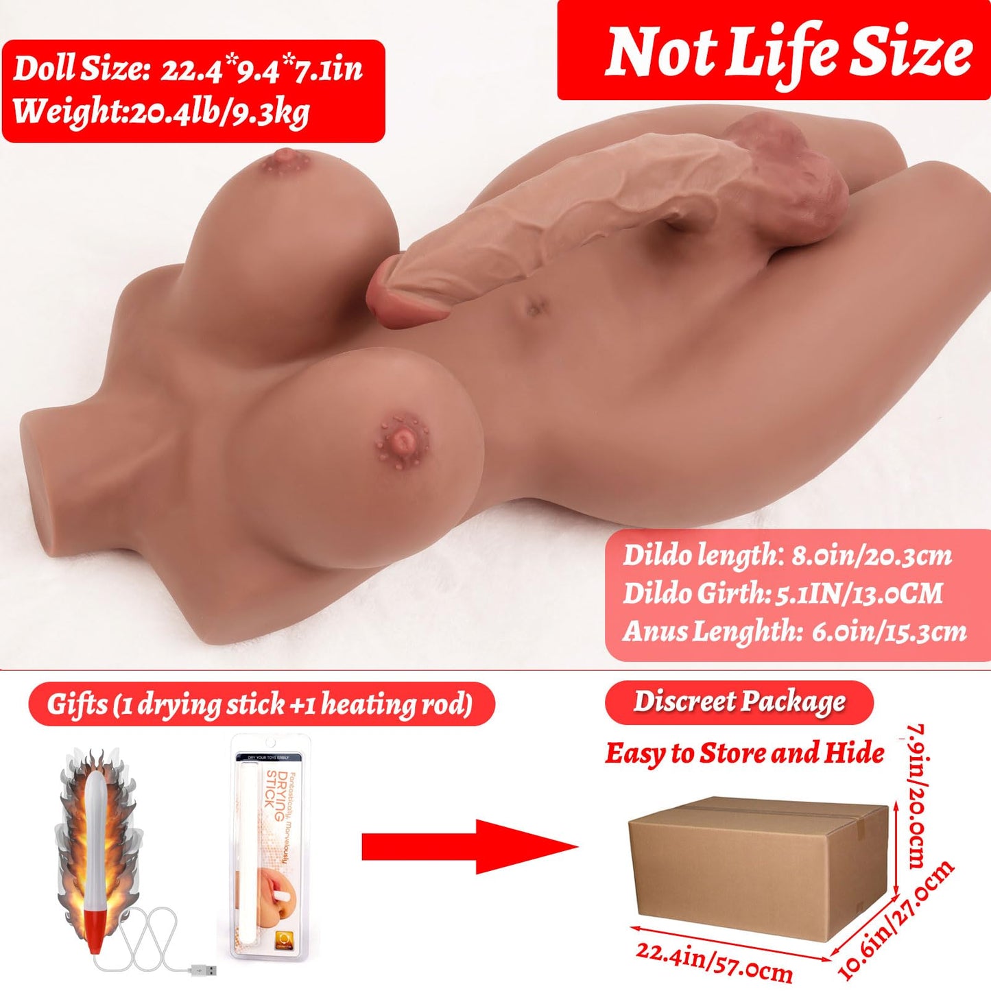 Shemale Sex Doll Torso, Lifelike Sex Doll for Gay Men Women, Realistic Sex Toy for Gay Sex Doll with Realistic Dildo Breasts and Anal, Brown Sex Dolls Ladyboy Sex Toys Dildo Unisex Masturbator 20lb