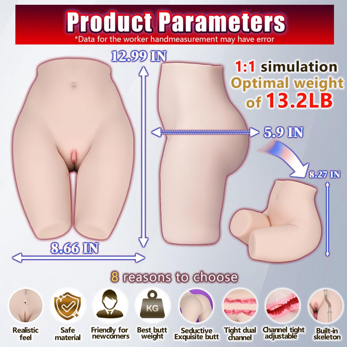 Male Masturbators Sex Dolls Realistic Butt Pocket Pussy Soft Ass Hands Free Stroker Channel Adjustable Built in Frame Vagina Anal 2 Hole Lifelike Adult Sex Toys for Mens 13.2LB