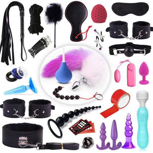 Explore Pleasure 26pc Restraints Set. Perfect for Beginners, SM Games, Safe Exploration Includes Restraints, Cuffs, Nipple Clamps, Flogger, Ball Gag, Blindfold, Rope, Whips, Plugs, Handcuffs etc