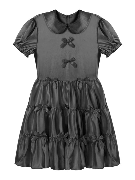 LiiYii Mens Sissy Crossdressing Lingerie Dress Satin Frilly Girly Dress Bowknot Ruffle Pajamas Nightwear Black Medium