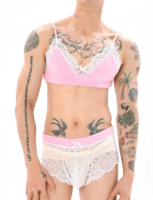 Men’s Sissy Lace Underwear Sheer Floral Lingerie Stretch Breathable Low Rise Panties Crossdressers Stockings 4pcs Pink M