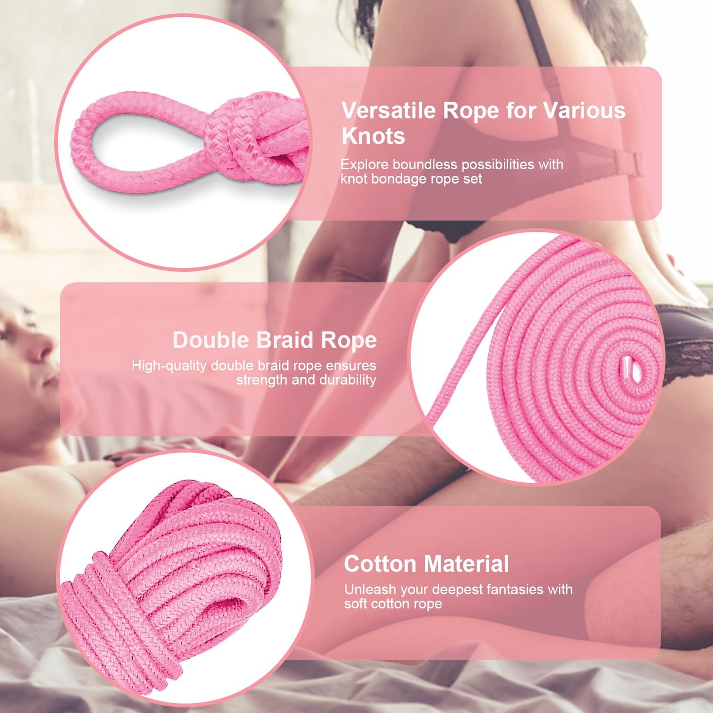 Sex Bondage Sexual Restraints Shibari Rope Kit, 3-Pack 49Ft/15M Soft Cotton Ropes Ideal for BDSM Beginner, 8 MM BDSM Bondage Restraint Set SM Adult Sex Toys for Women and Couples (Pink)