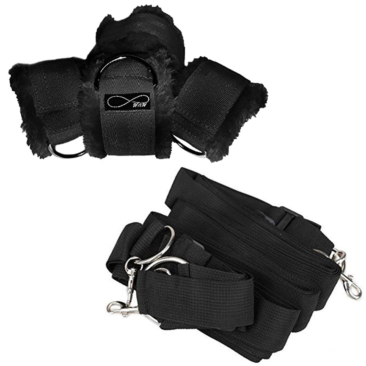 Under Bed Restraints for Sex Wrist Ankle Cuffs with adjustable straps (Furry) - Black by HappyNHealthy