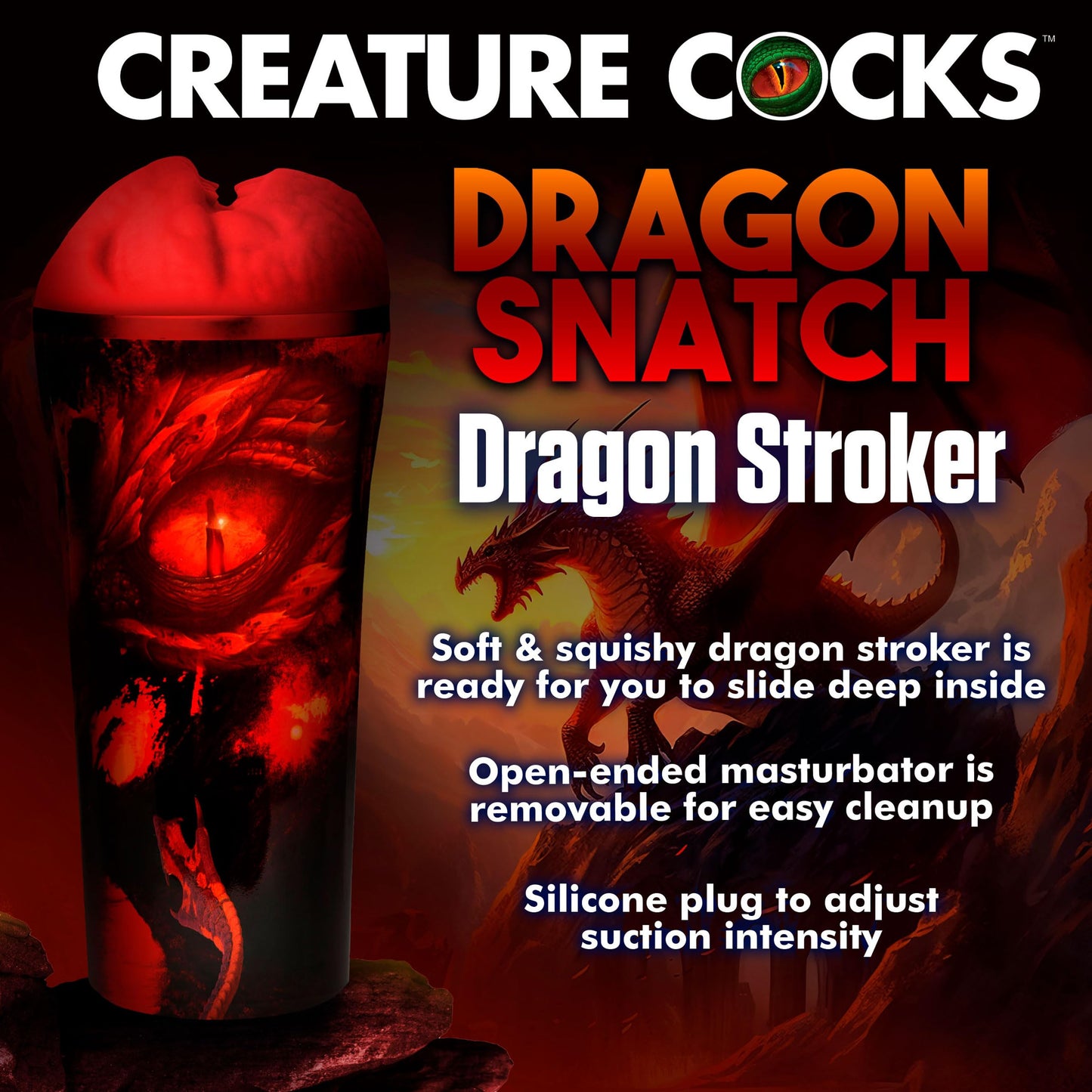 CREATURE COCKS Dragon Snatch Stroker for Men & Couples. Soft & Stretchy, Unique Inner Texture, Fantasy Male Masturbator, Open-ended Design, Adjustable Suction Intensity. 1 Piece, Red