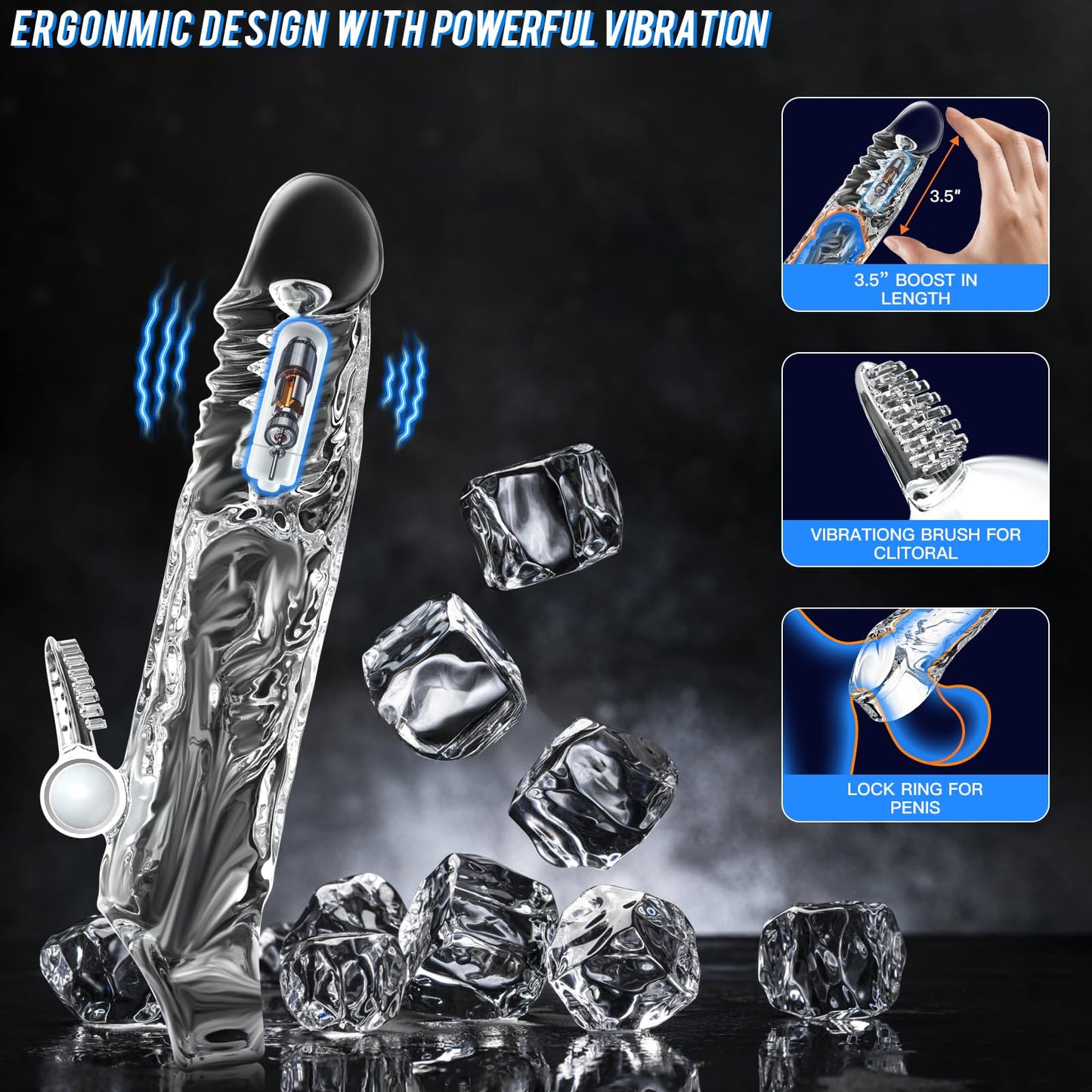 Vibrating Penis Sleeve Sex Toys - 3.5 inch Clear Penis Extender with Two Bullets, Realistic Penis Enlarger with Cock Ring, Reusable Penis Extension with Clitoral Stimulator, Male Sex Toy for Adult Men